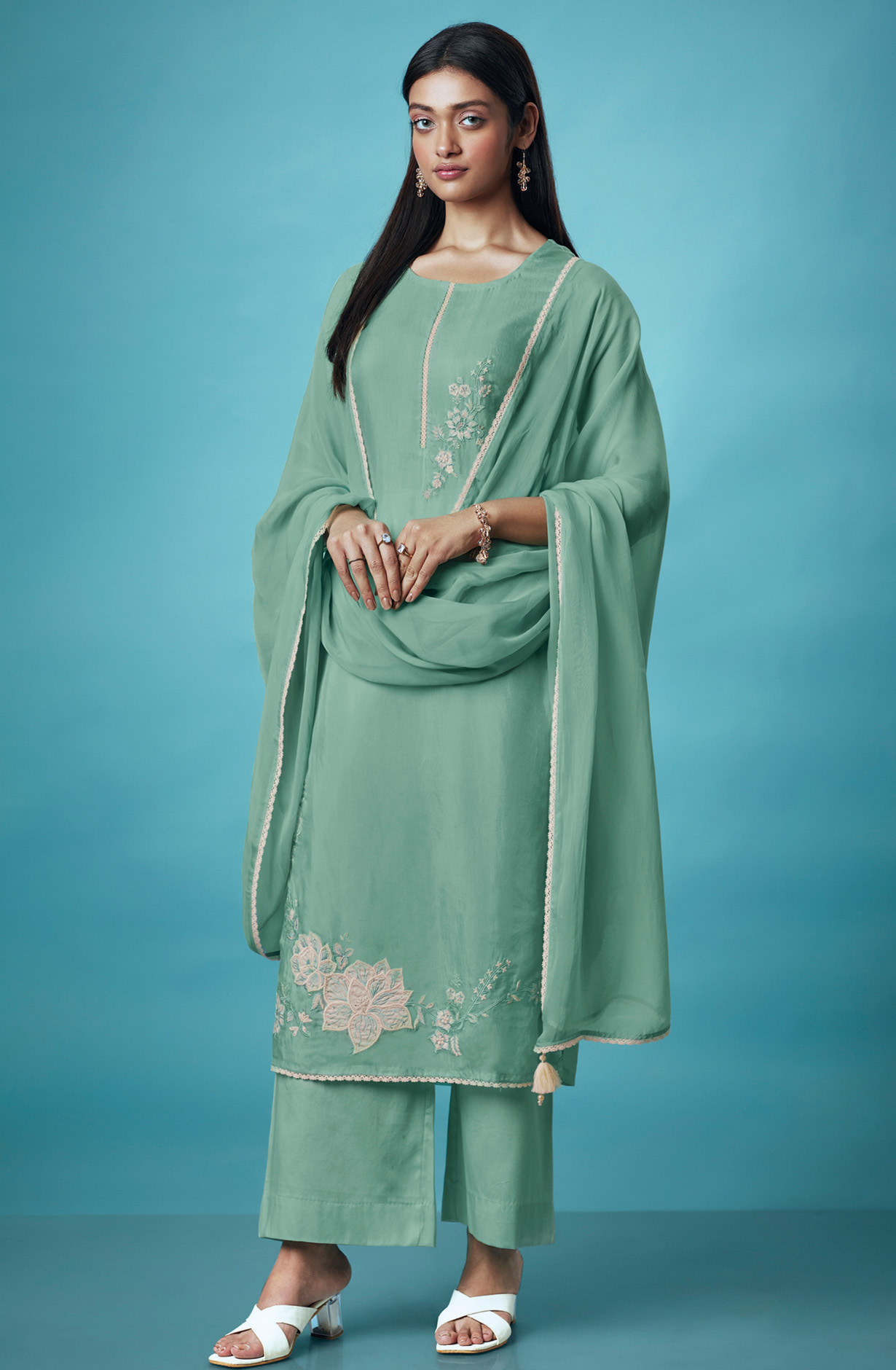 Sea Green Designer Organza Salwar Kameez with Embroidery - KASS1538A