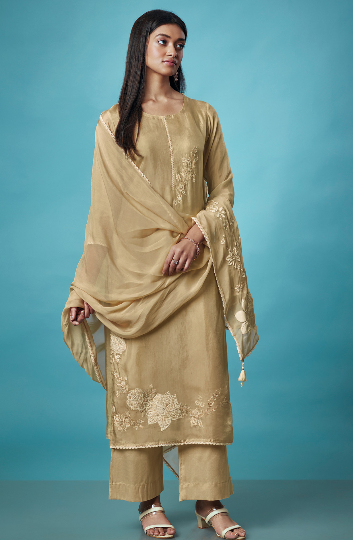Beige Designer Organza Salwar Kameez with Embroidery - KASS1538B