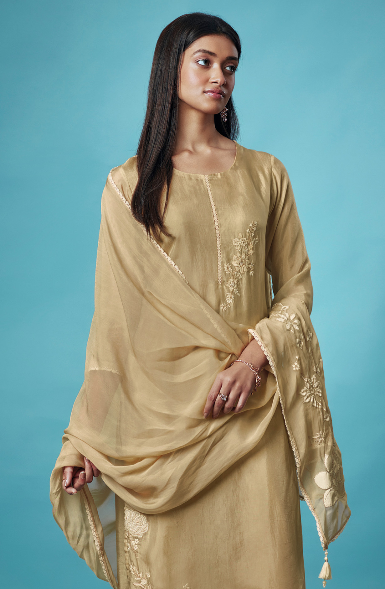Beige Designer Organza Salwar Kameez with Embroidery - KASS1538B