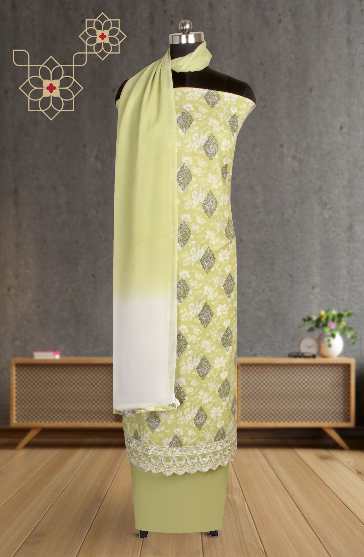 Pista Green Cotton Digital Printed Suit-sets with Chiffon Dupatta - KAT3135A