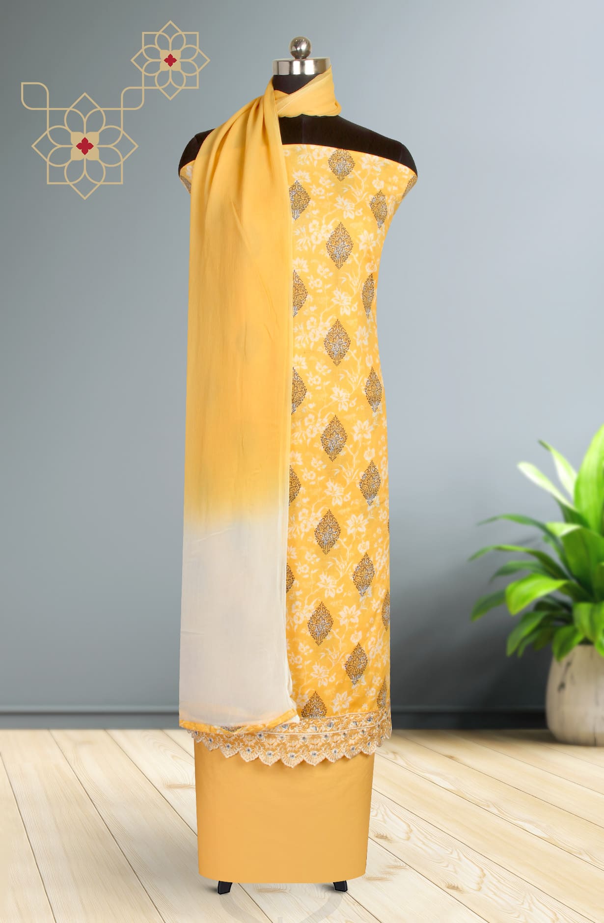 Mustard Cotton Digital Printed Suit-sets with Chiffon Dupatta - KAT3135B