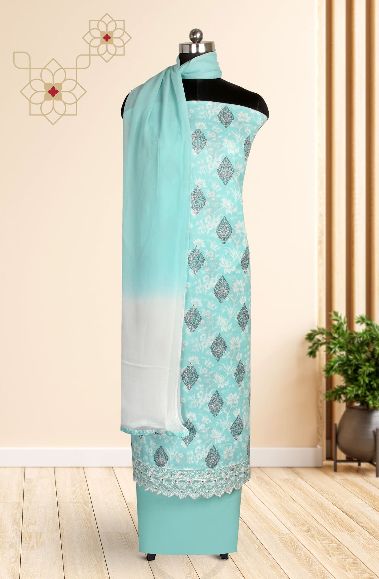 Turquoise Cotton Digital Printed Suit-sets with Chiffon Dupatta - KAT3135C