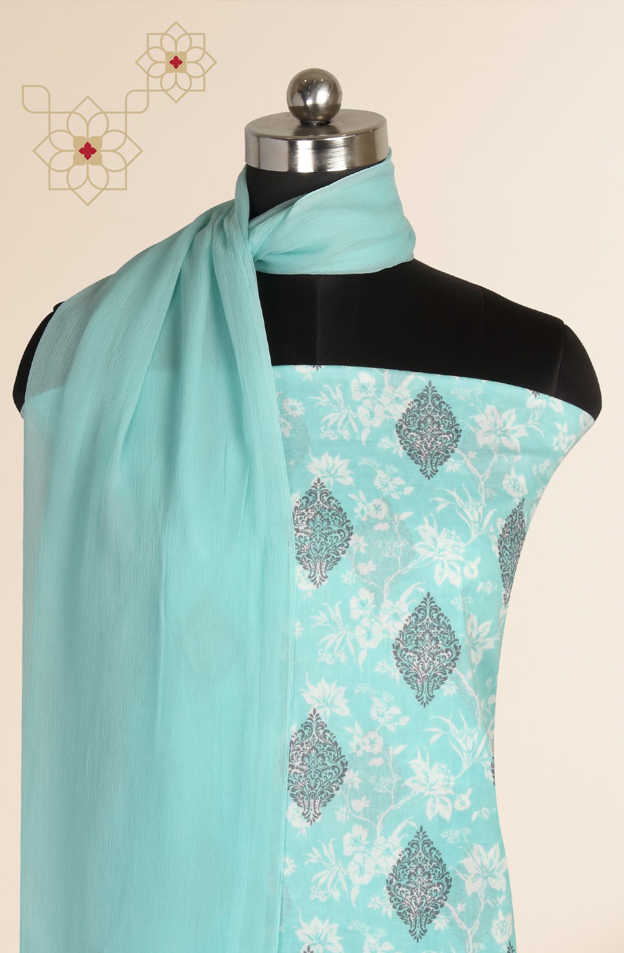 Turquoise Cotton Digital Printed Suit-sets with Chiffon Dupatta - KAT3135C