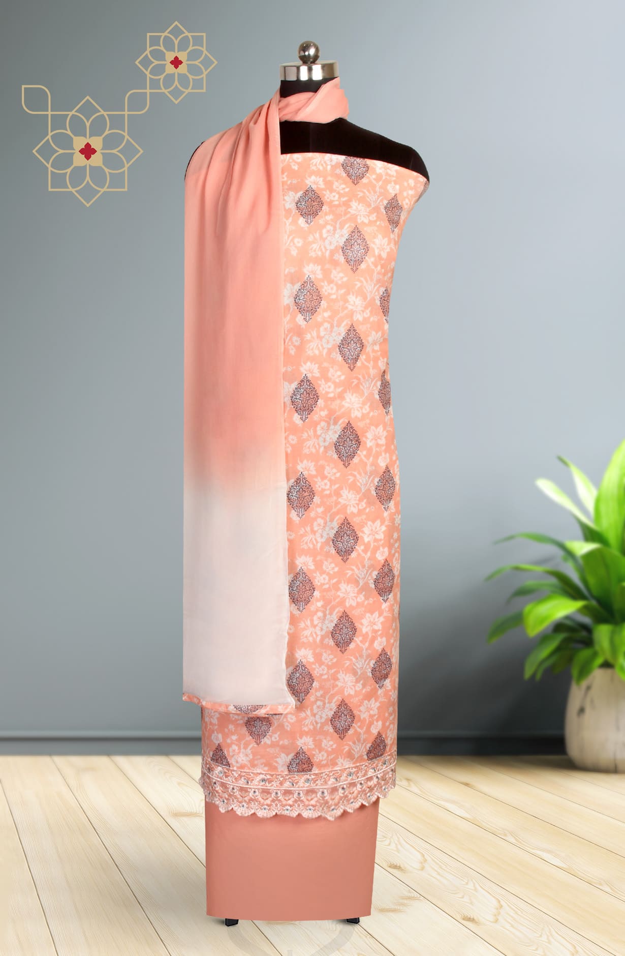 Peach Cotton Digital Printed Suit-sets with Chiffon Dupatta - KAT3135D