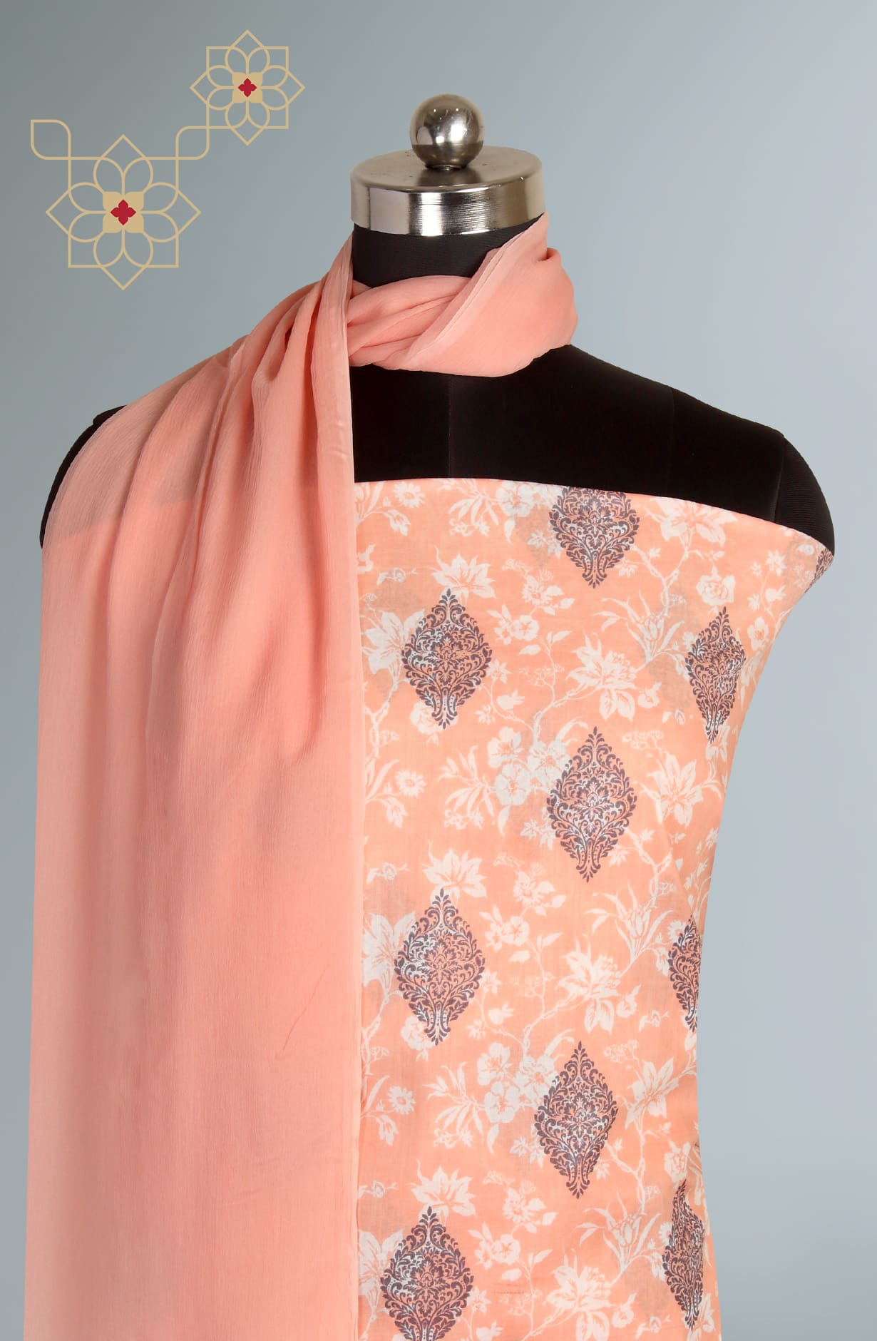Peach Cotton Digital Printed Suit-sets with Chiffon Dupatta - KAT3135D