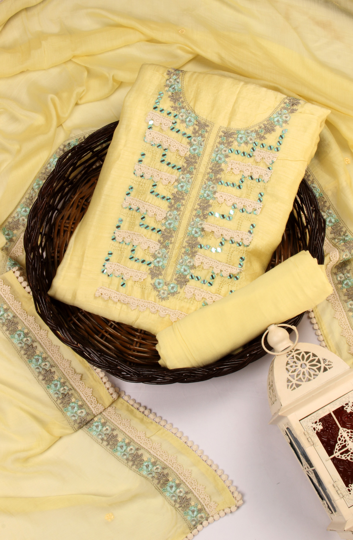 Lemon Yellow Beautiful Muslin Unstitched Salwar Suit with Dupatta - KAY7060