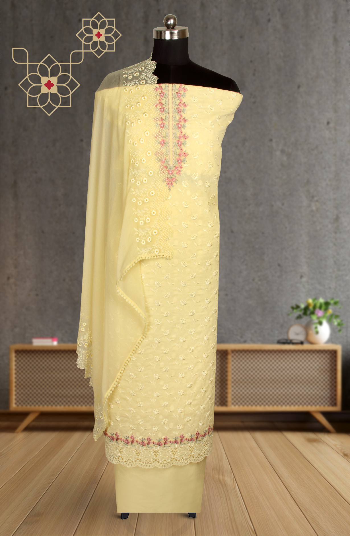 Yellow Pure Cotton Embroidered Salwar Suit with Chiffon Dupatta - KAYNPJ10891C