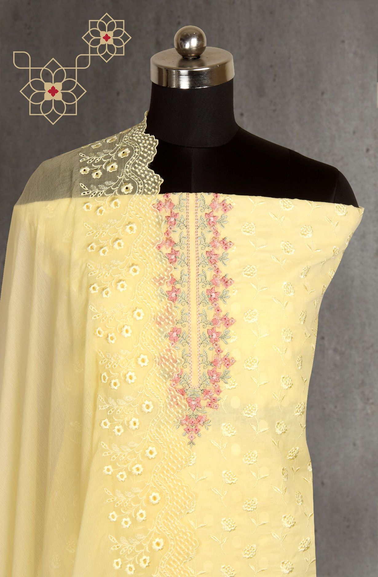 Yellow Pure Cotton Embroidered Salwar Suit with Chiffon Dupatta - KAYNPJ10891C