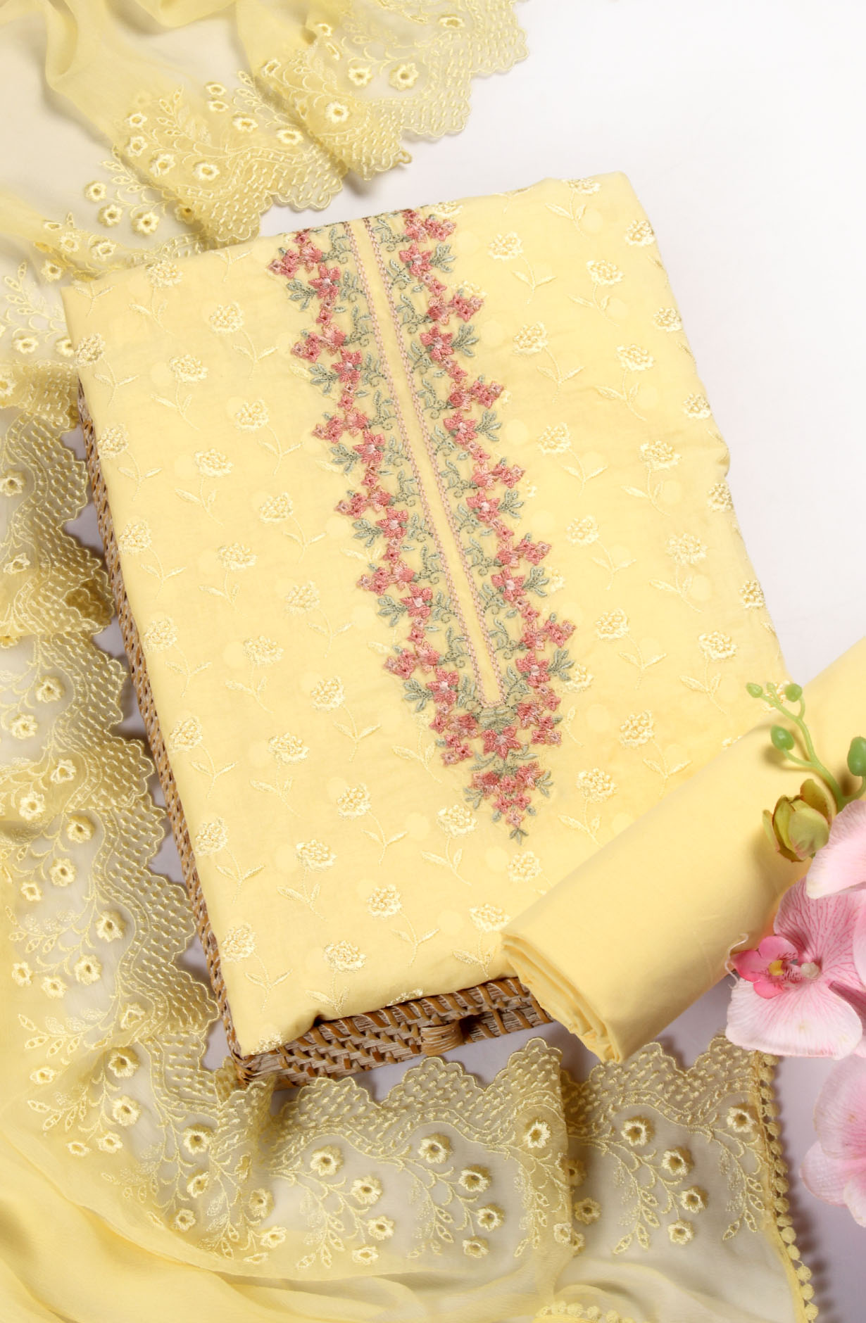 Yellow Pure Cotton Embroidered Salwar Suit with Chiffon Dupatta - KAYNPJ10891C