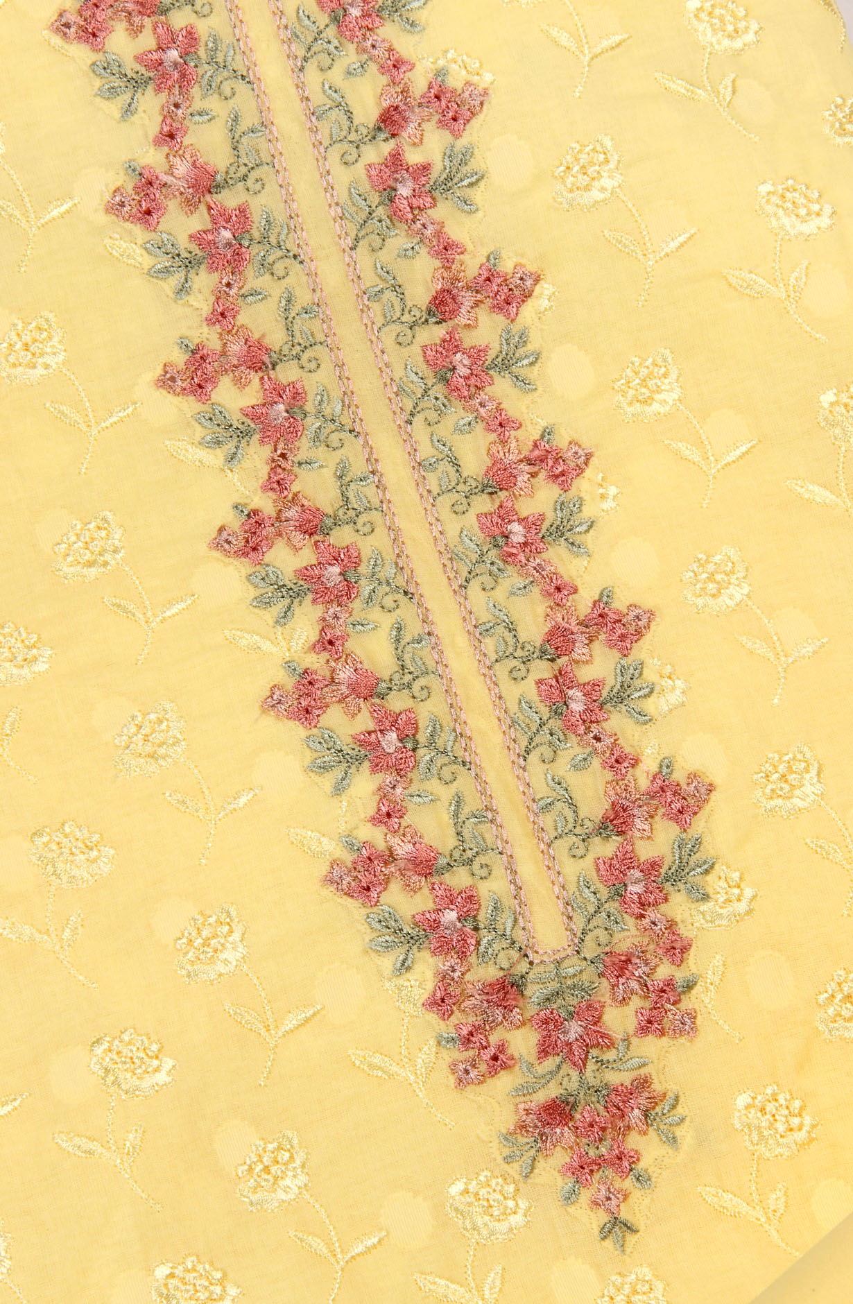 Yellow Pure Cotton Embroidered Salwar Suit with Chiffon Dupatta - KAYNPJ10891C