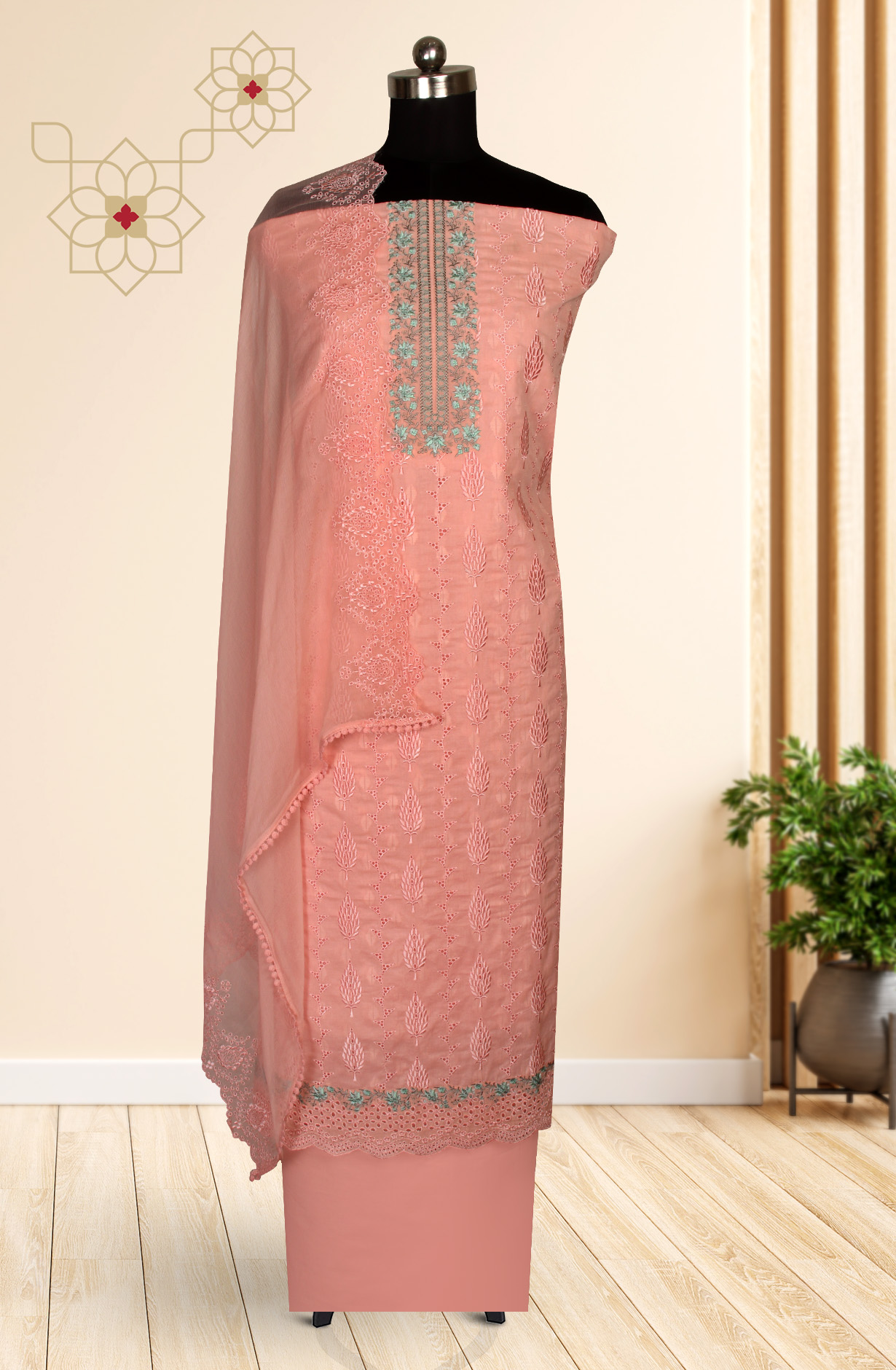 Pink Organdy Cotton Embroidery Salwar Suit with Chiffon Dupatta - KAYNS14227A