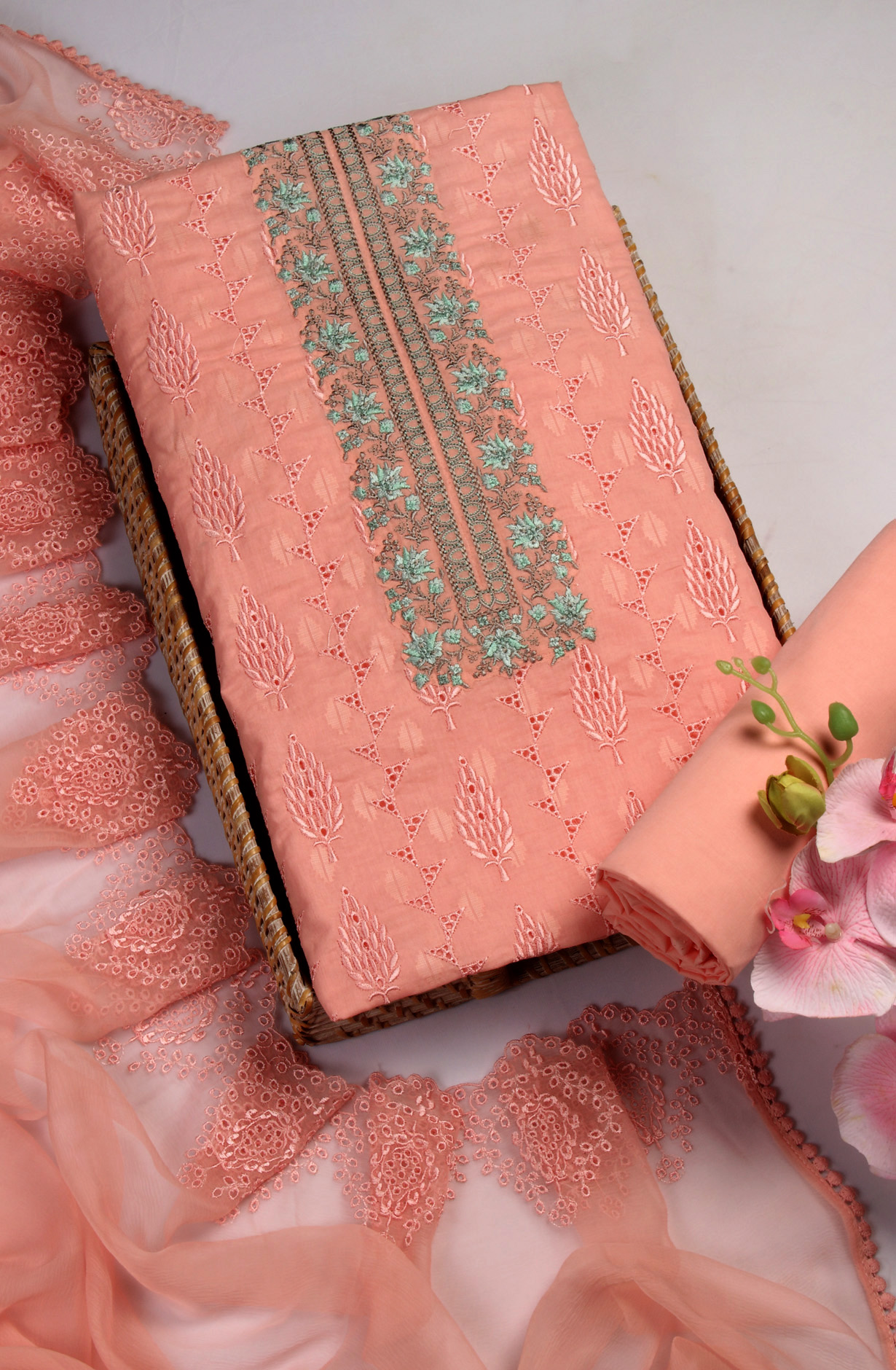 Pink Organdy Cotton Embroidery Salwar Suit with Chiffon Dupatta - KAYNS14227A