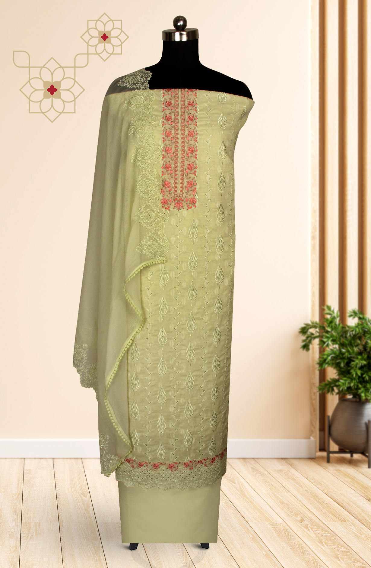 Parrot Green Organdy Cotton Embroidery Salwar Suit with Chiffon Dupatta - KAYNS14227C