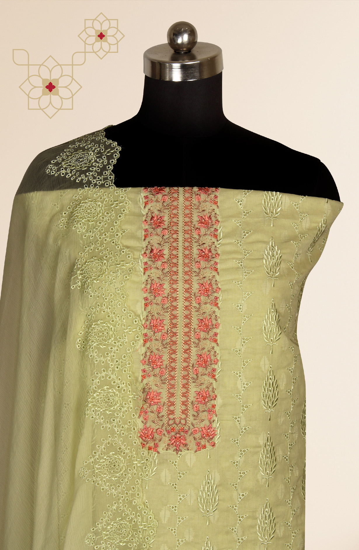 Parrot Green Organdy Cotton Embroidery Salwar Suit with Chiffon Dupatta - KAYNS14227C