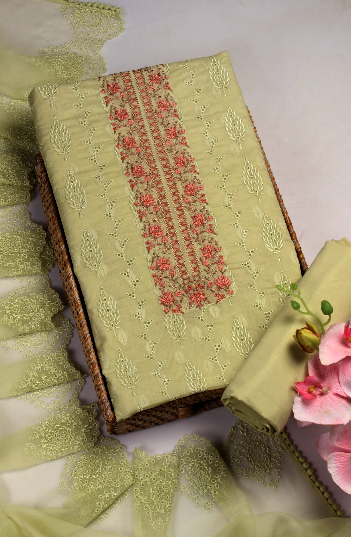 Parrot Green Organdy Cotton Embroidery Salwar Suit with Chiffon Dupatta - KAYNS14227C