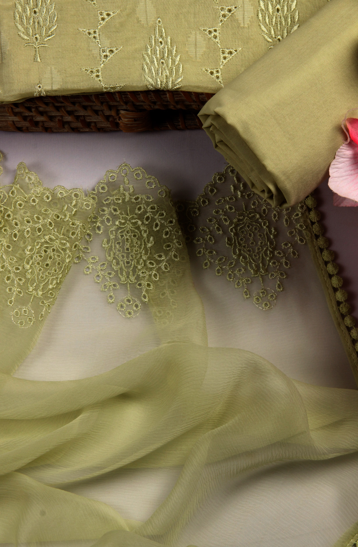 Parrot Green Organdy Cotton Embroidery Salwar Suit with Chiffon Dupatta - KAYNS14227C