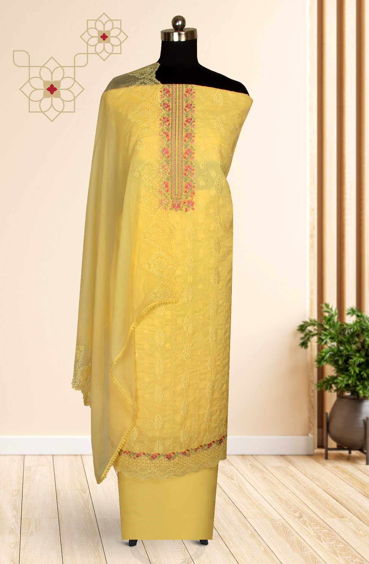 Yellow Organdy Cotton Embroidery Salwar Suit with Chiffon Dupatta - KAYNS14227D