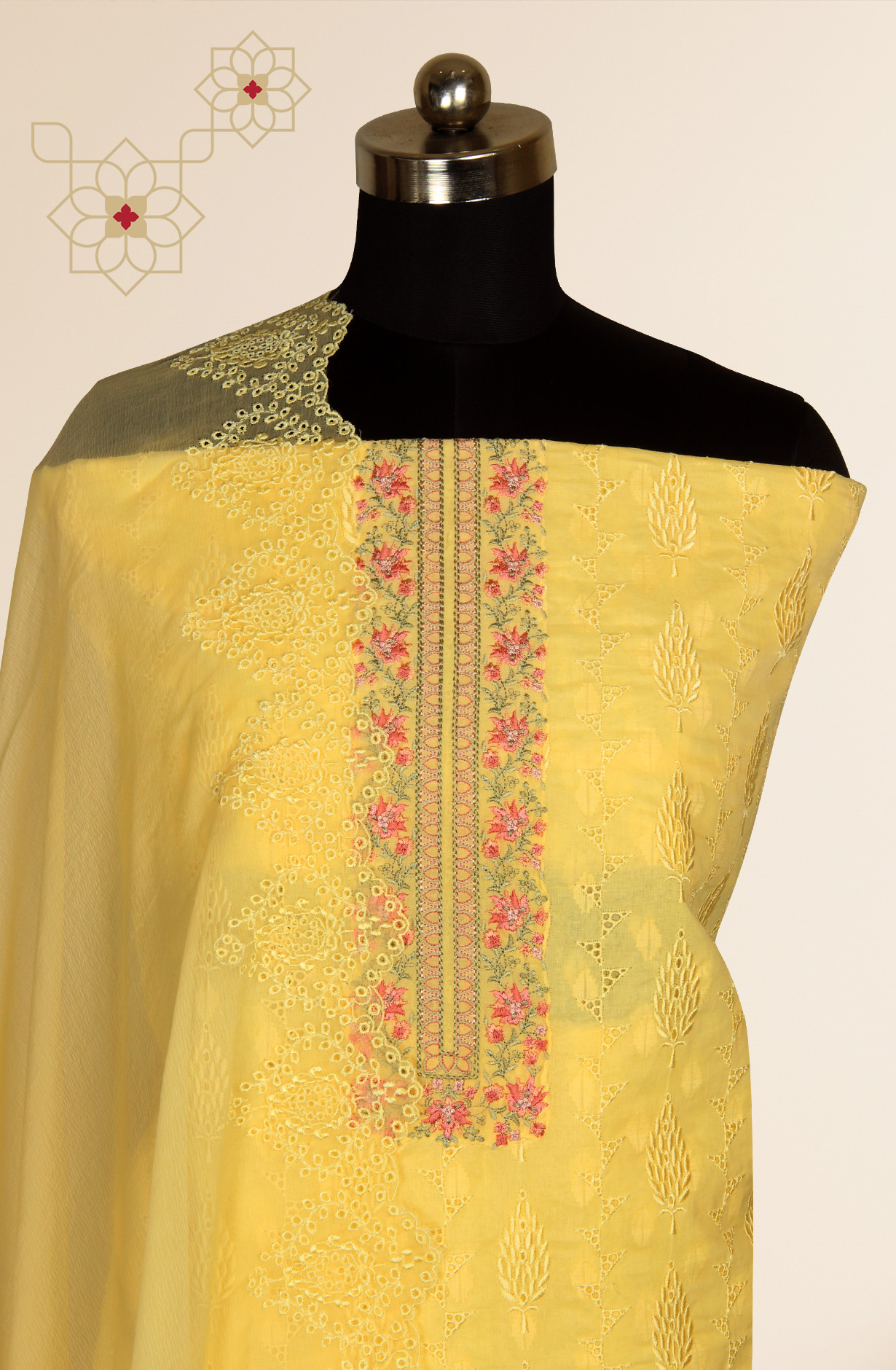 Yellow Organdy Cotton Embroidery Salwar Suit with Chiffon Dupatta - KAYNS14227D