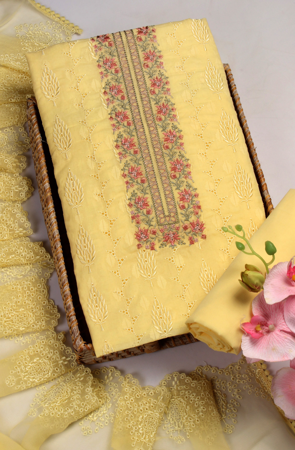 Yellow Organdy Cotton Embroidery Salwar Suit with Chiffon Dupatta - KAYNS14227D