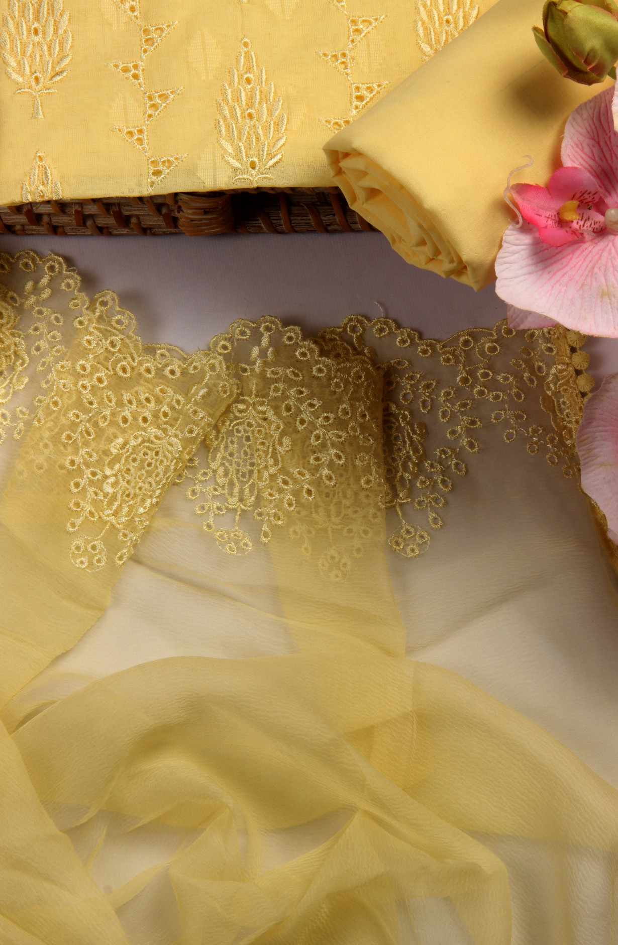 Yellow Organdy Cotton Embroidery Salwar Suit with Chiffon Dupatta - KAYNS14227D