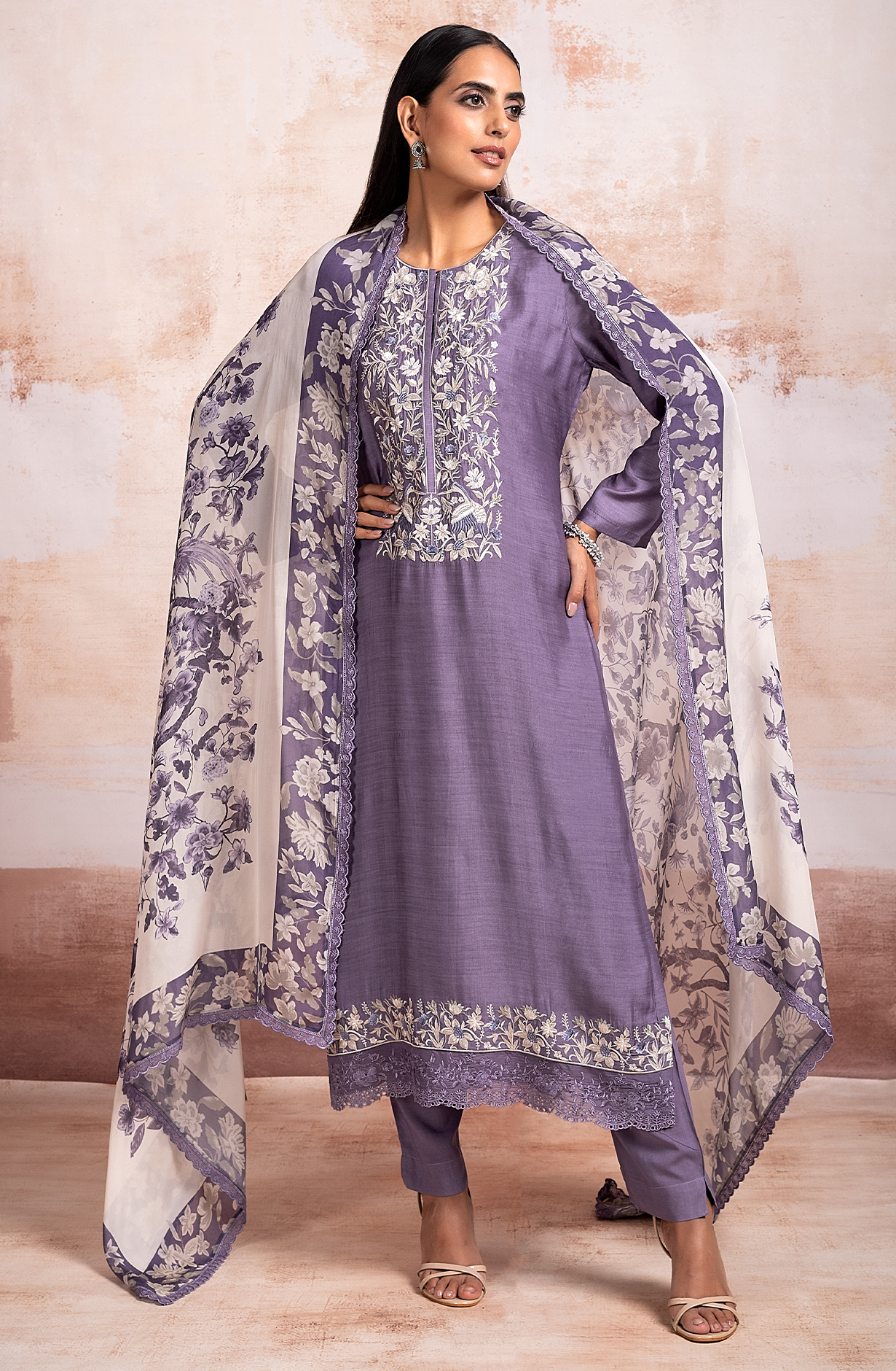 Purple Beautiful Muslin Embroidered Salwar Kameez with Organza Dupatta - KEF2180A