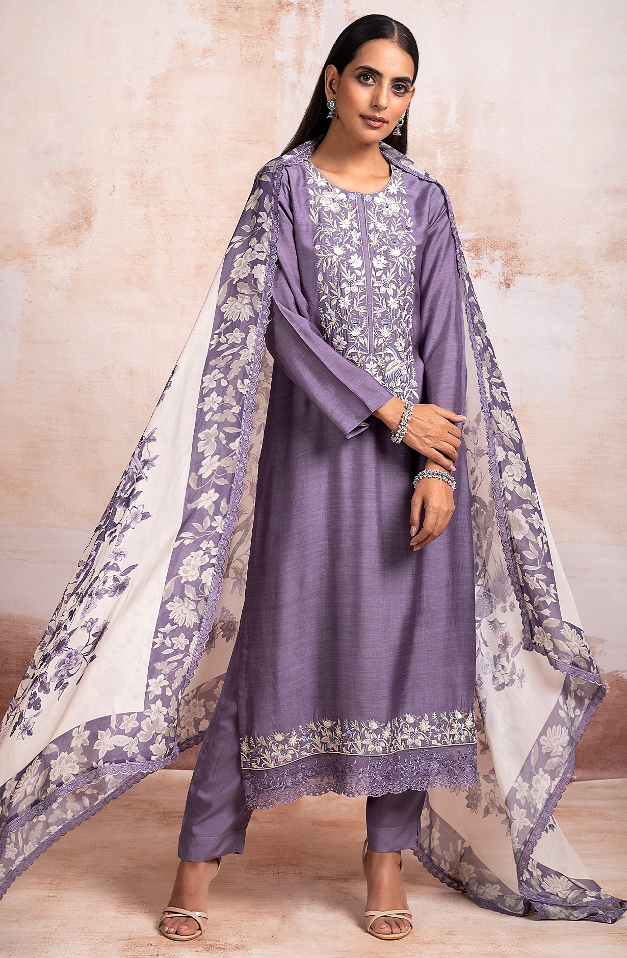 Purple Beautiful Muslin Embroidered Salwar Kameez with Organza Dupatta - KEF2180A