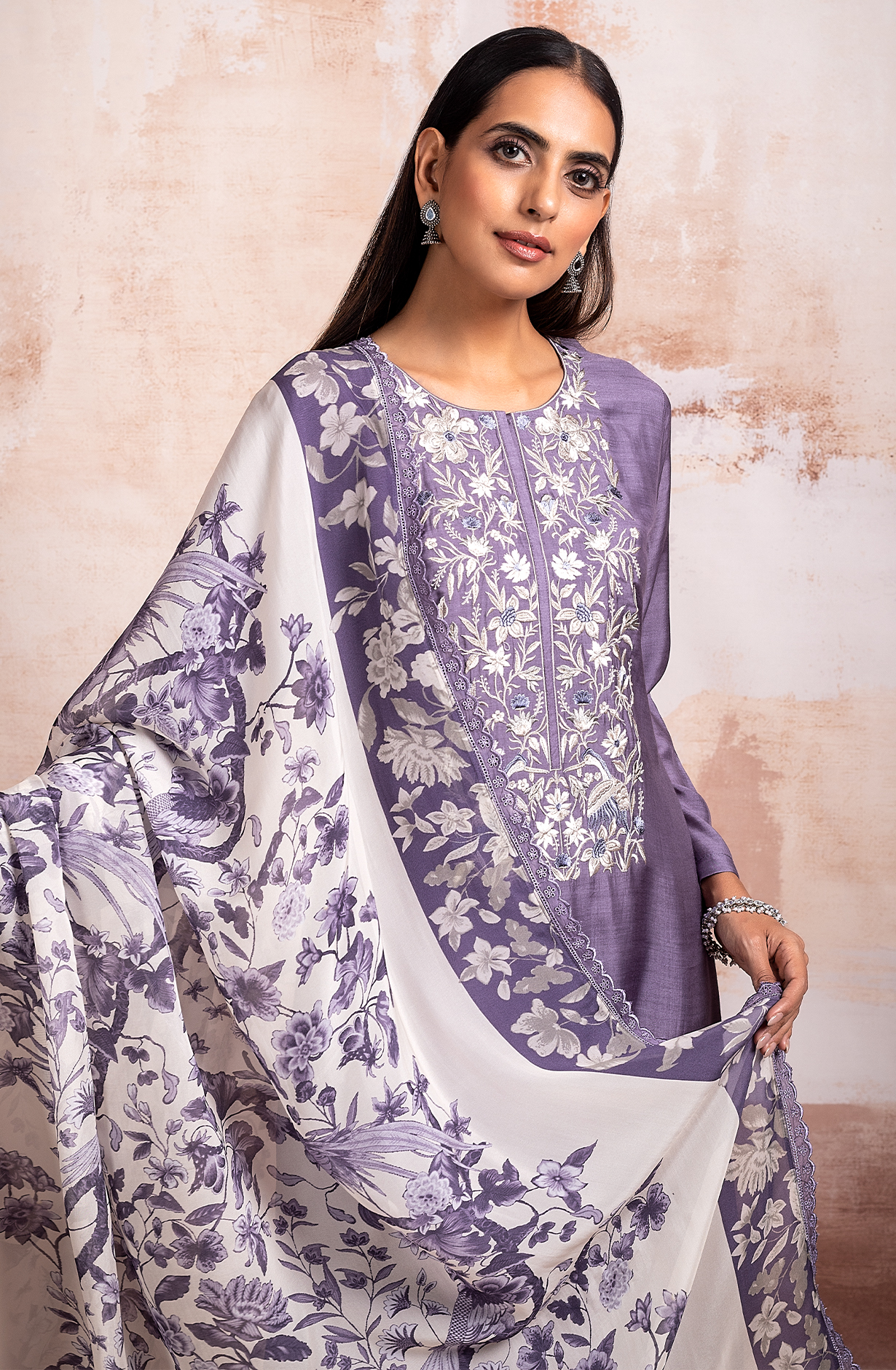 Purple Beautiful Muslin Embroidered Salwar Kameez with Organza Dupatta - KEF2180A