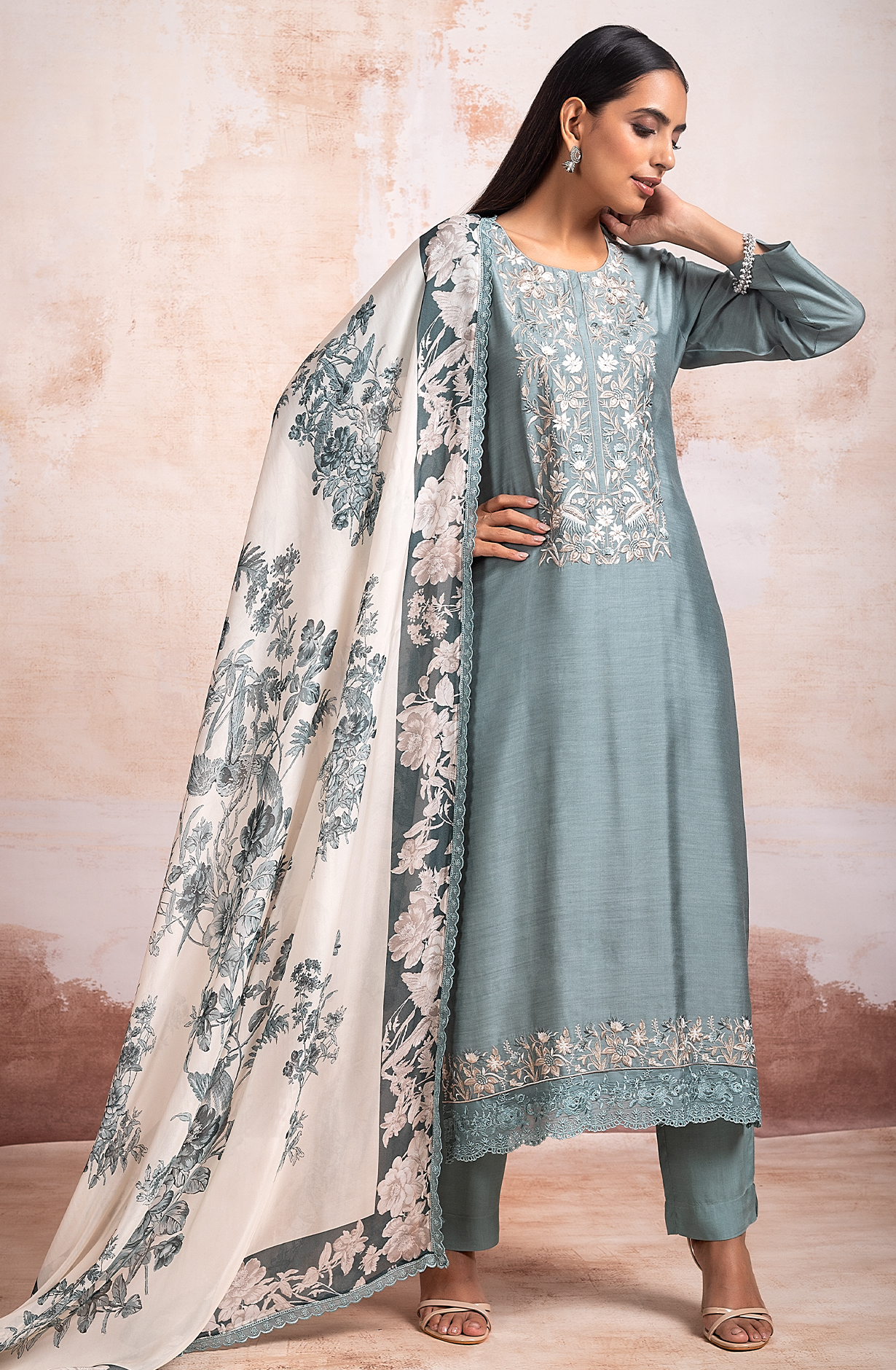 Pastel Green Beautiful Muslin Embroidered Salwar Kameez with Organza Dupatta - KEF2180B