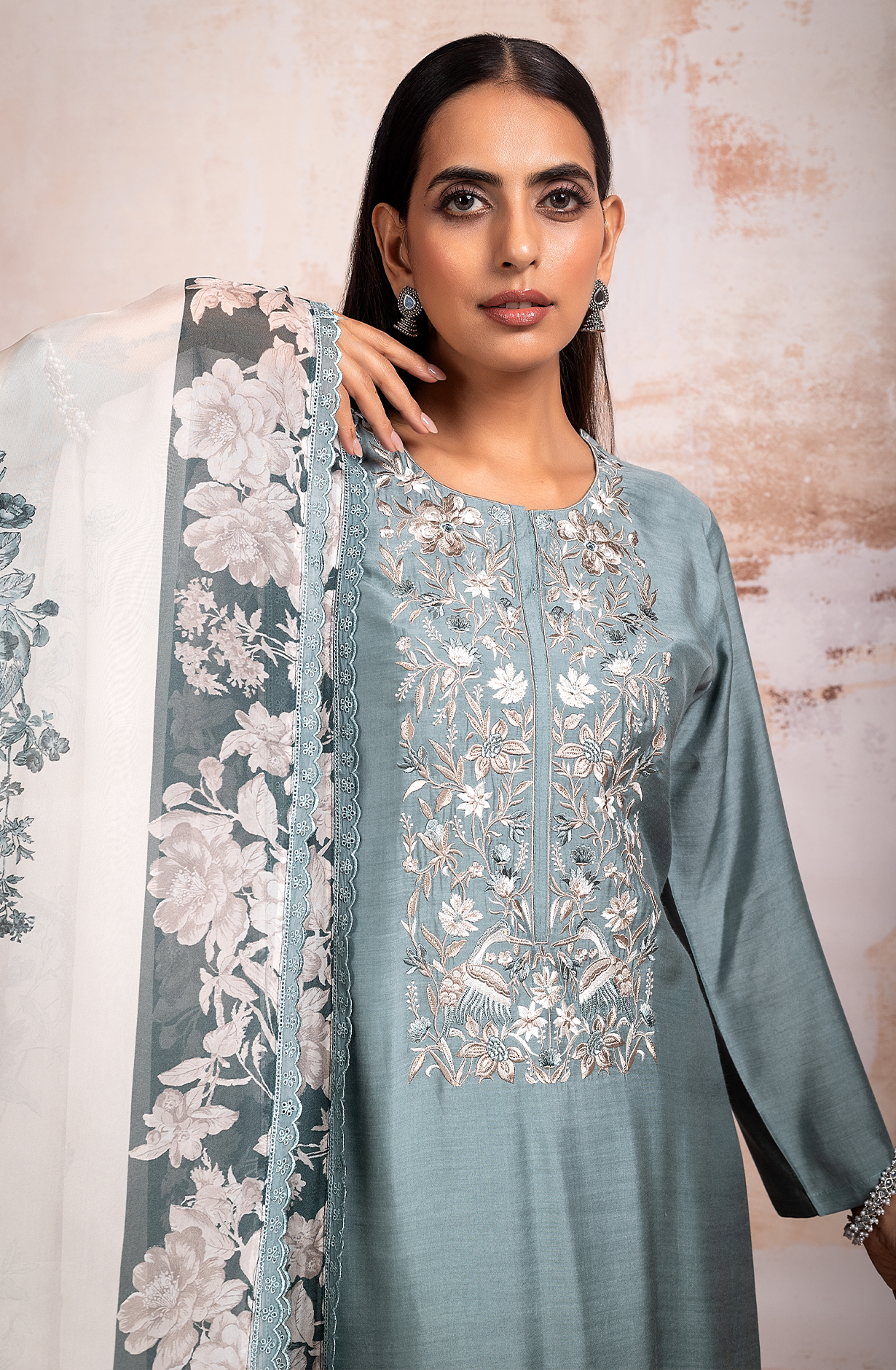 Pastel Green Beautiful Muslin Embroidered Salwar Kameez with Organza Dupatta - KEF2180B