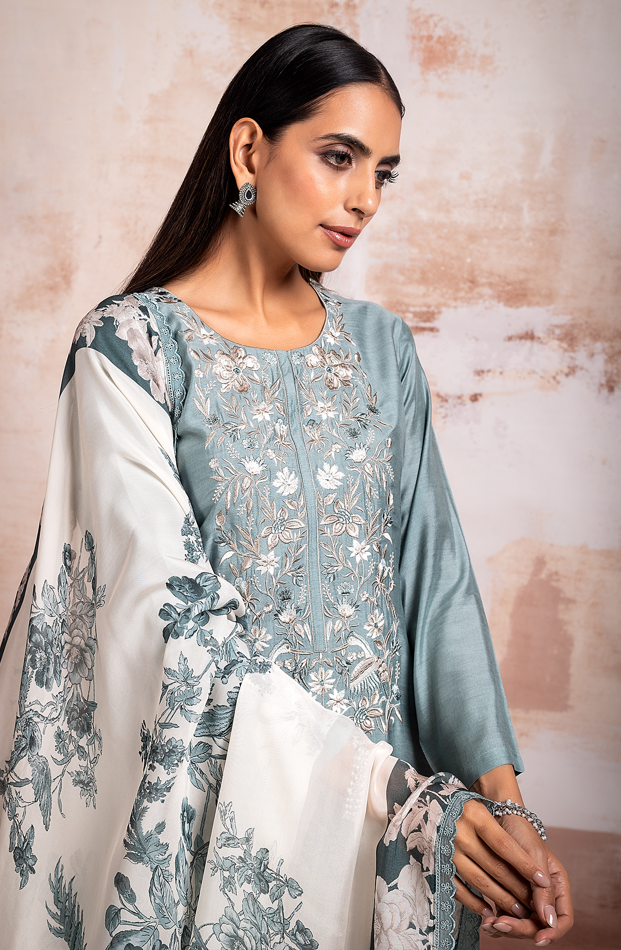 Pastel Green Beautiful Muslin Embroidered Salwar Kameez with Organza Dupatta - KEF2180B