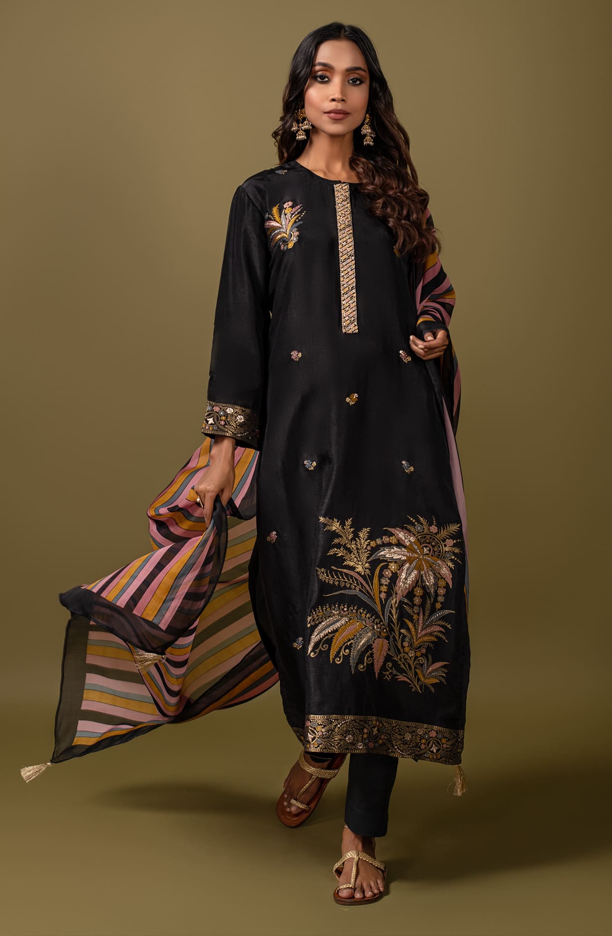 Black Silk Exclusive Unstitched Salwar Kameez Suit-set with Organza Dupatta - KET1640A