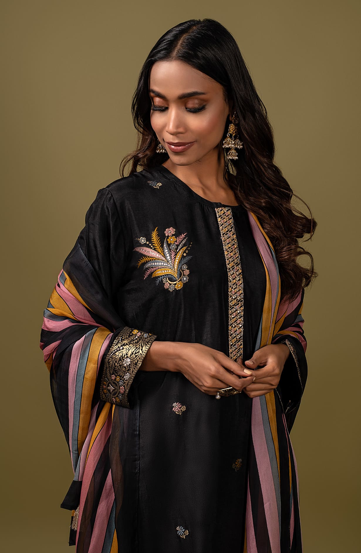 Black Silk Exclusive Unstitched Salwar Kameez Suit-set with Organza Dupatta - KET1640A