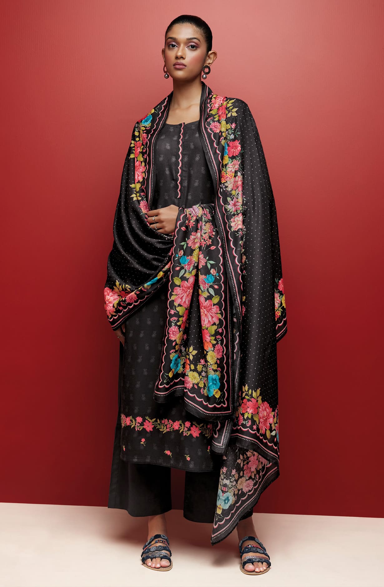 Black Spun Winterwear Printed Unstitched Salwar Kameez - KEYS1202A