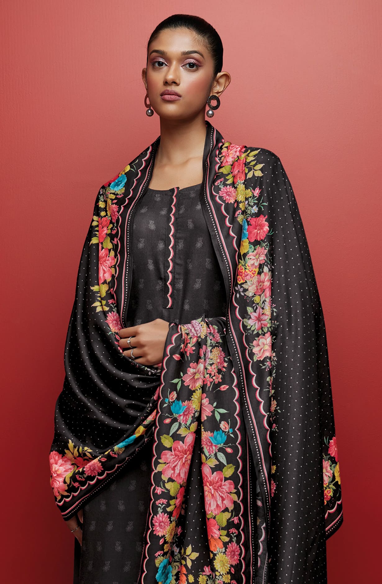 Black Spun Winterwear Printed Unstitched Salwar Kameez - KEYS1202A
