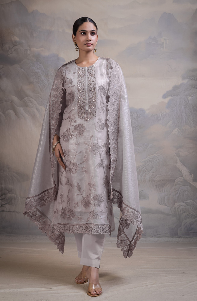 Image of Grey Banarsi tissue crush Unstitched Suit with Beautiful  Dupatta- R157-SPR2839A