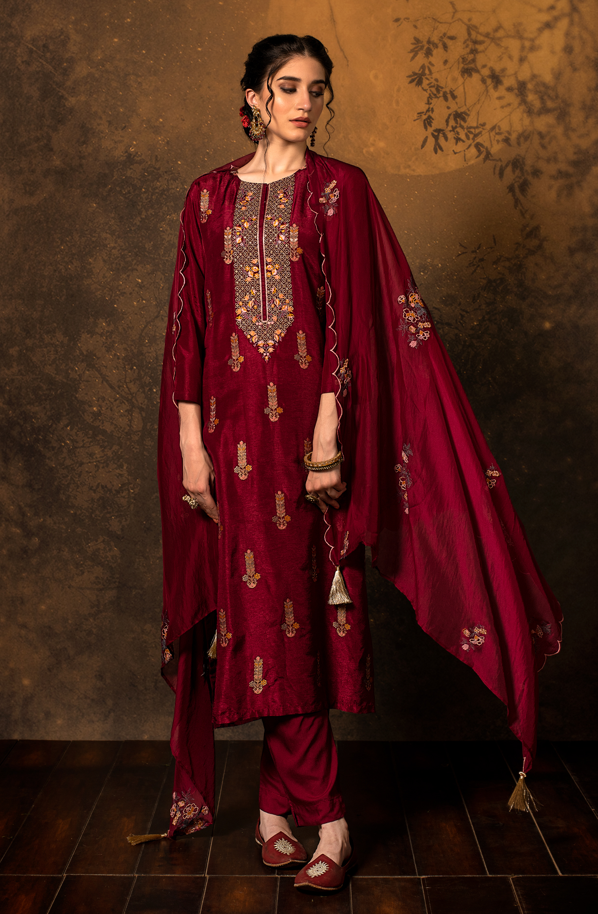 Maroon Designer Silk Unstitched Salwar Kameez with Organza Dupatta - KHA1572A