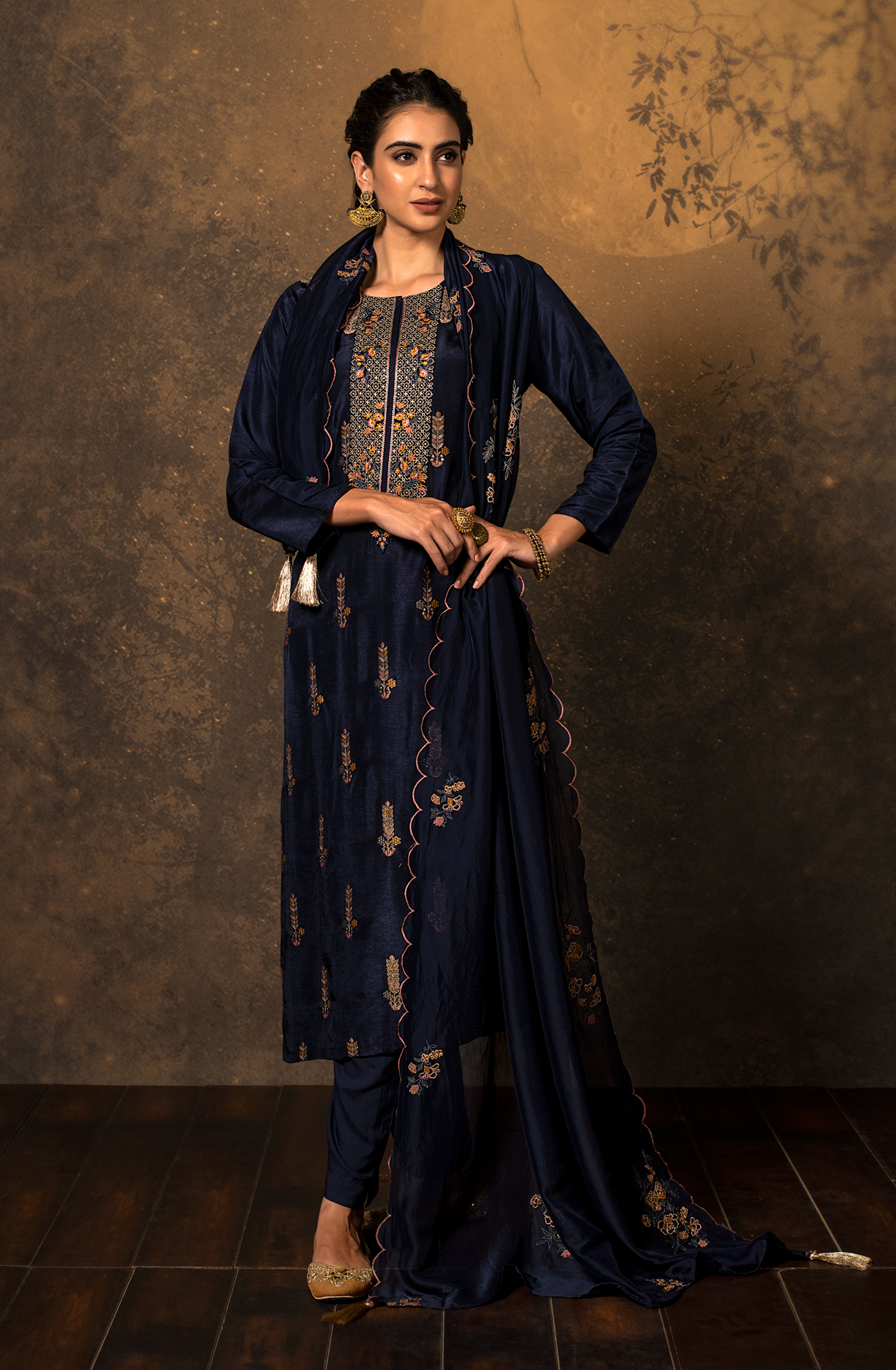 Blue Designer Silk Unstitched Salwar Kameez with Organza Dupatta - KHA1572B
