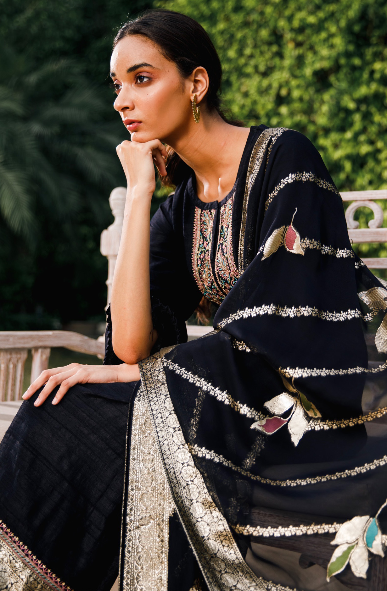 Designer Black Party Wear Tussar Silk Suit with Organza Dupatta - KHI2002B