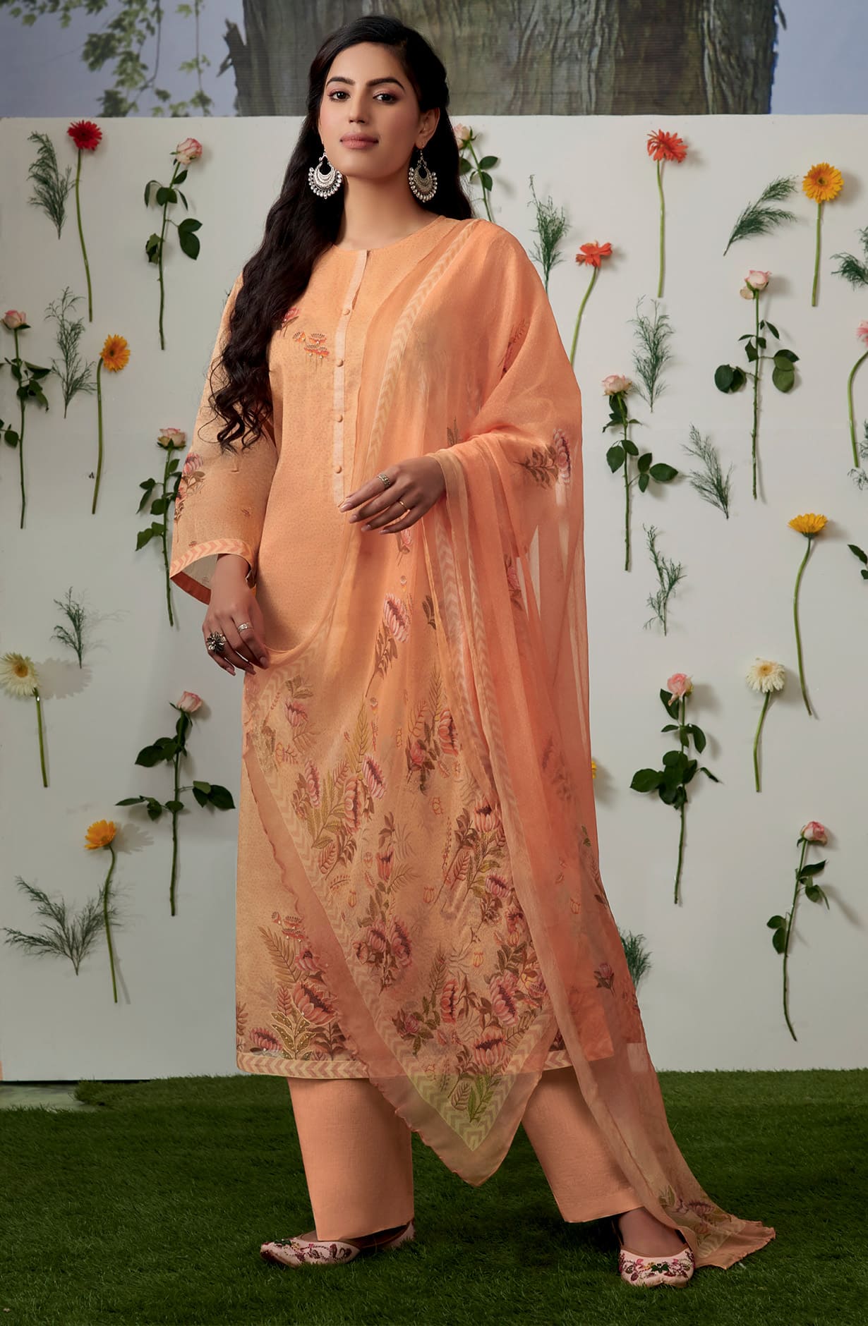 Orange Organdy Cotton Unstitched Digital Printed Suit with Chiffon Dupatta - KHW160