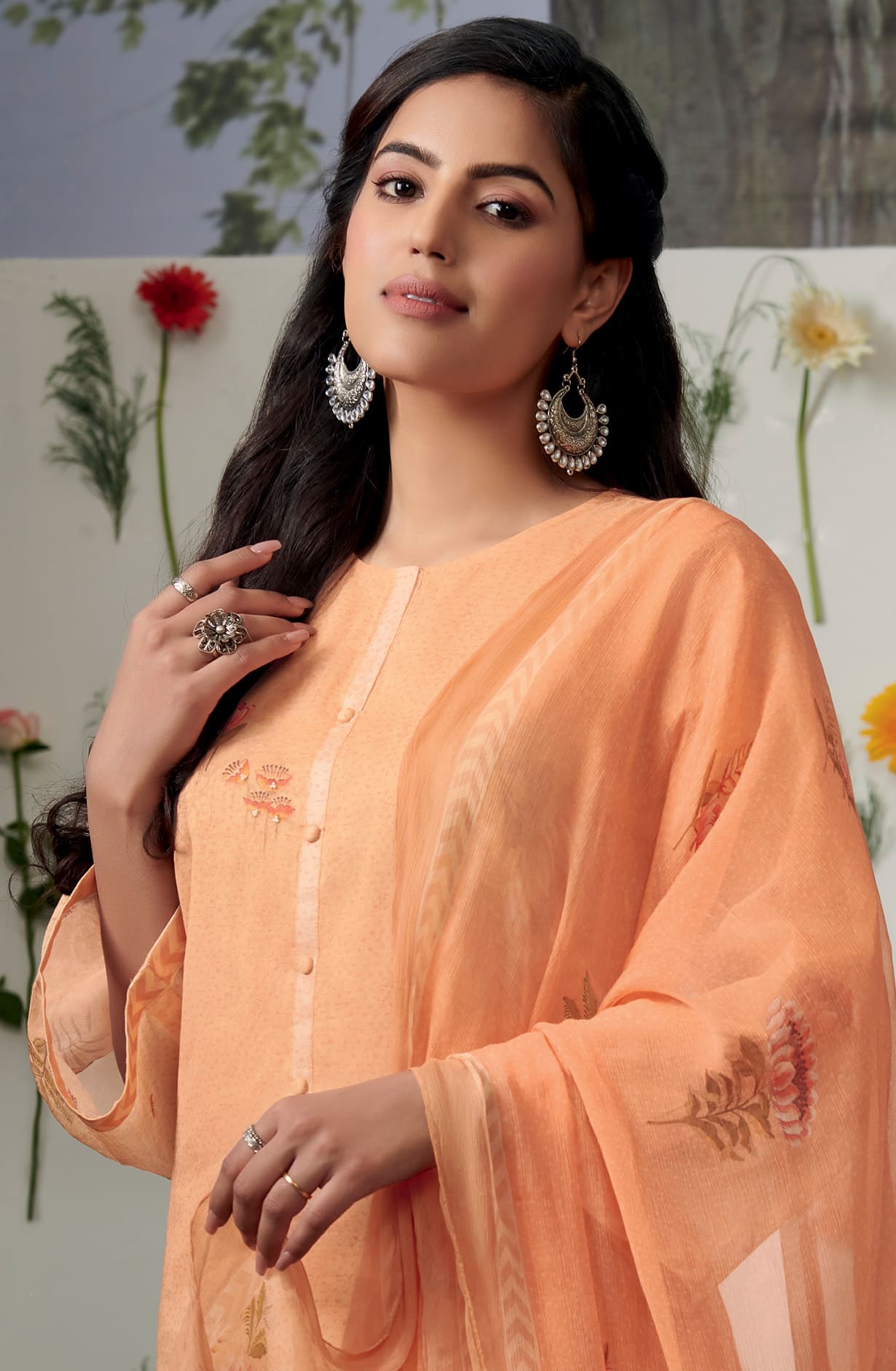 Orange Organdy Cotton Unstitched Digital Printed Suit with Chiffon Dupatta - KHW160