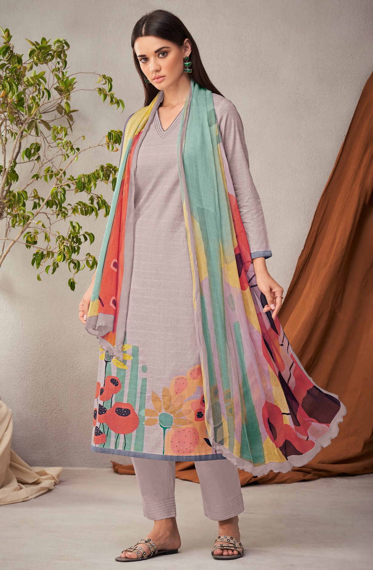 Grey Cotton Unstitched Digital Printed Salwar Suit - KHW203