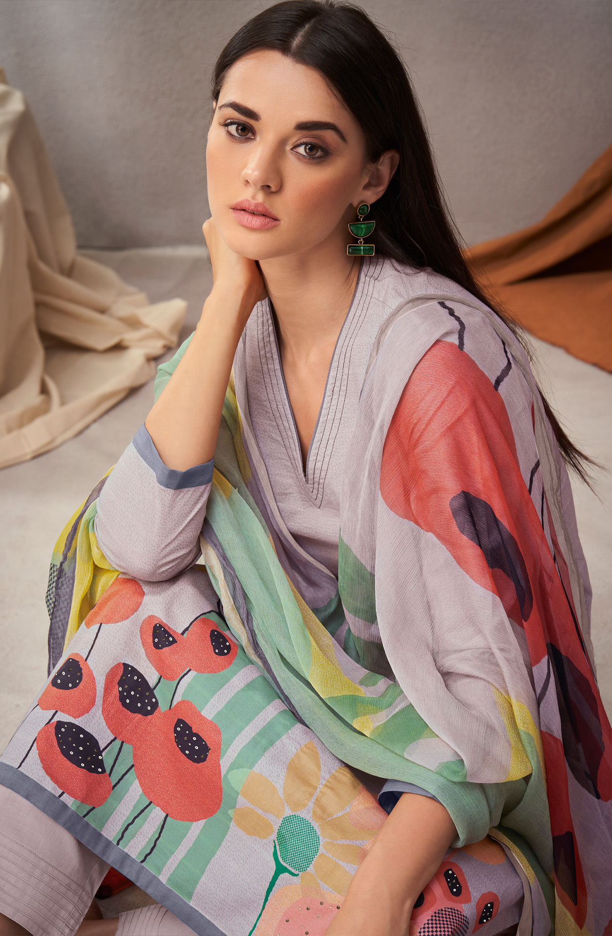 Grey Cotton Unstitched Digital Printed Salwar Suit - KHW203