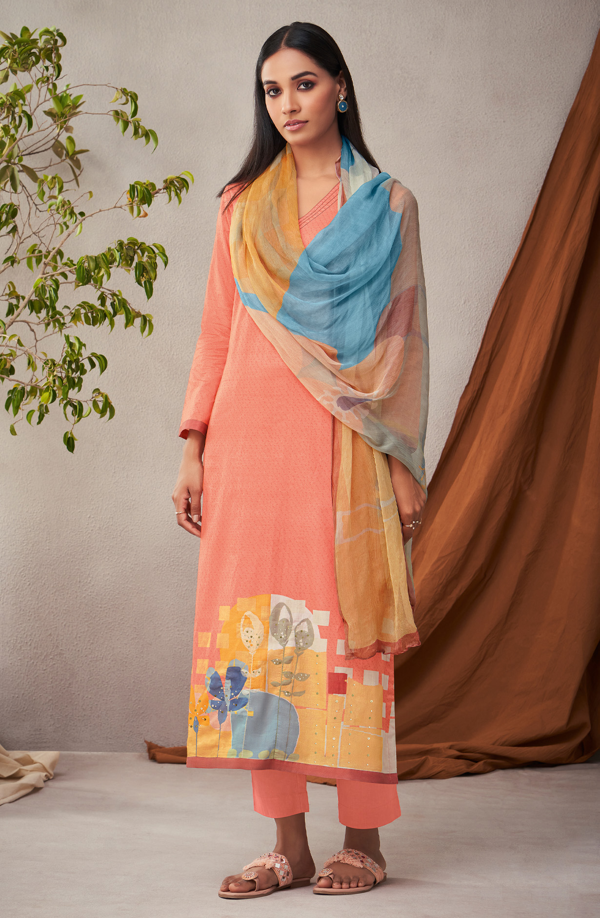 Orange Cotton Unstitched Digital Printed Salwar Suit - KHW255