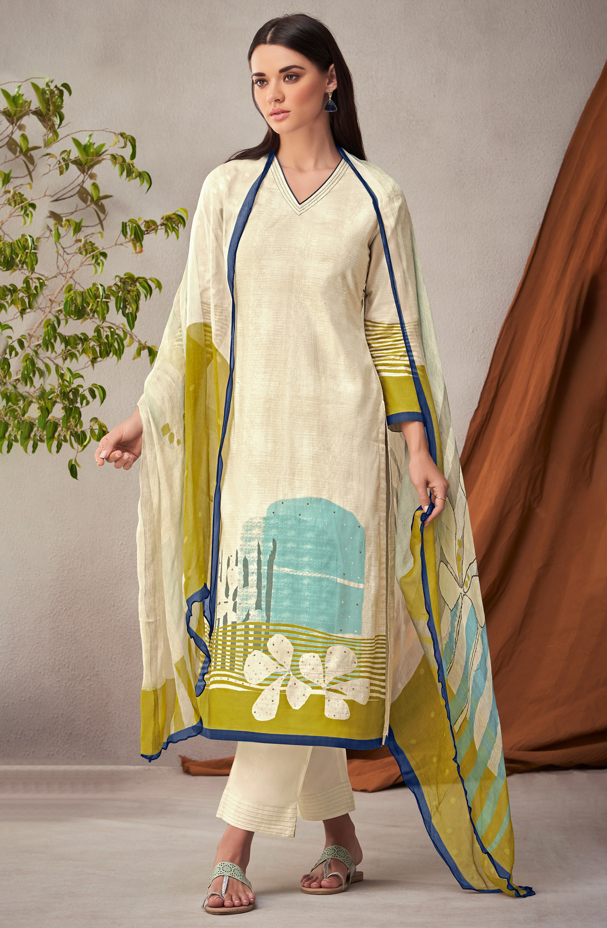 Off-white Cotton Unstitched Digital Printed Salwar Suit - KHW280