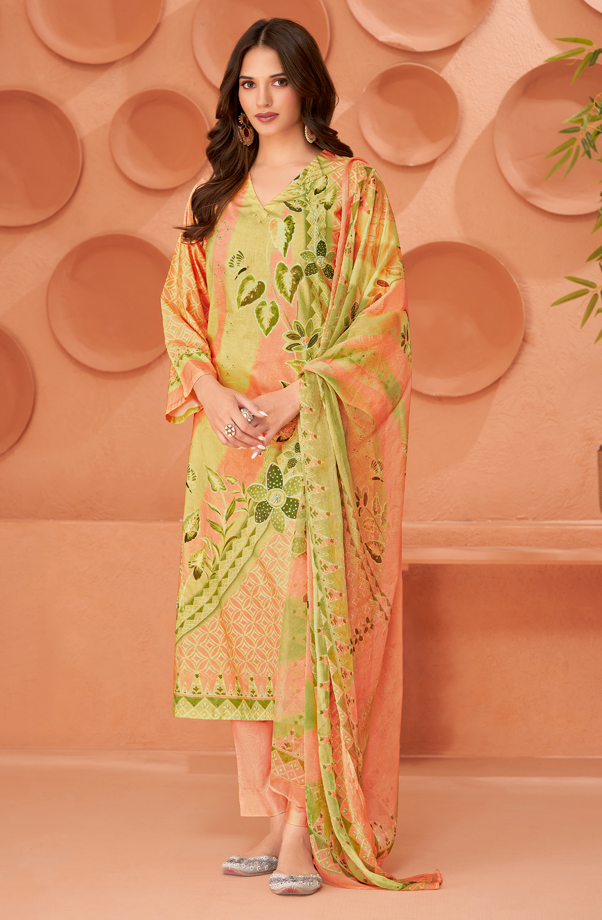 Orange Cotton Digital Printed Unstitched Suit with Chiffon Dupatta - KHY1731