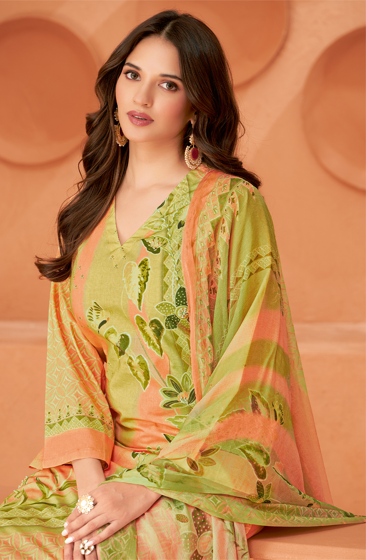 Orange Cotton Digital Printed Unstitched Suit with Chiffon Dupatta - KHY1731