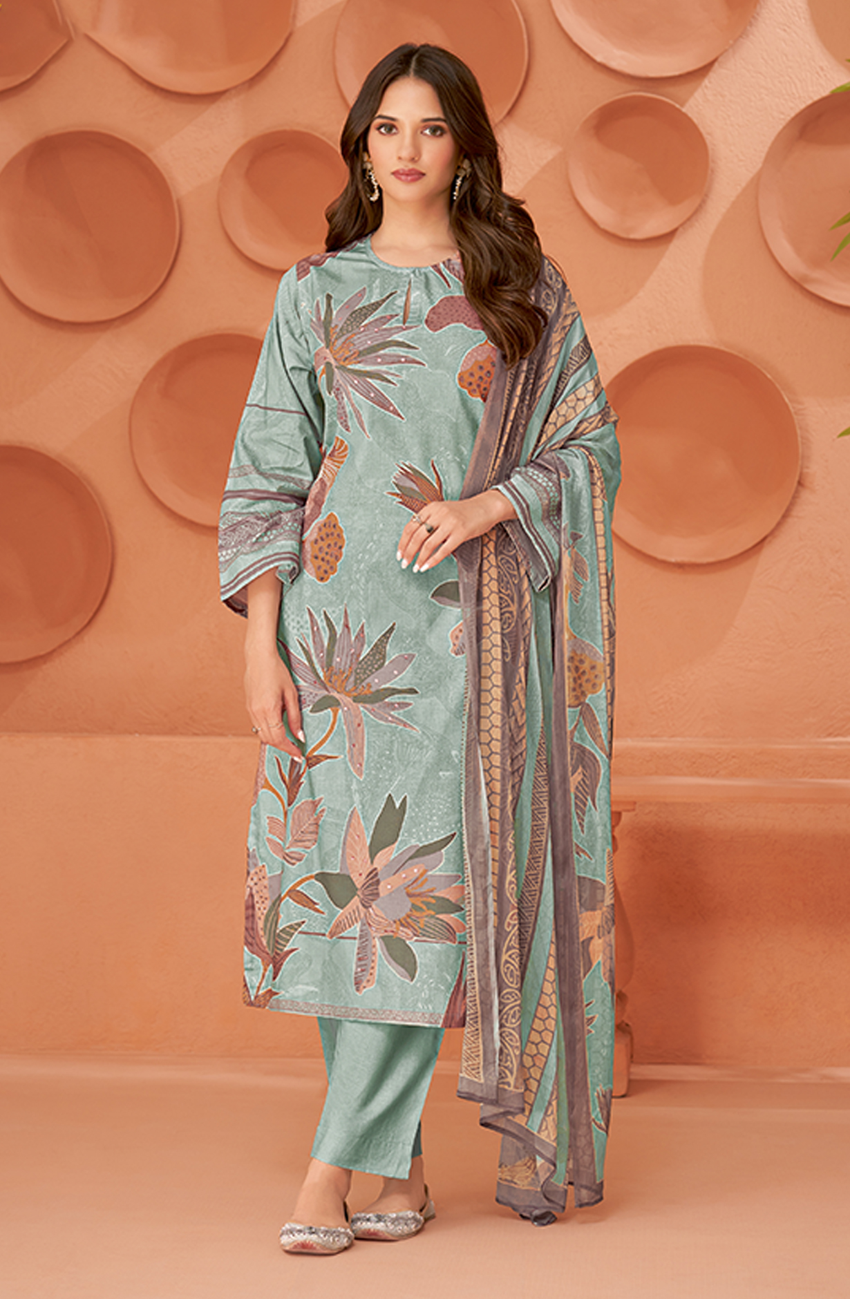 Pastel Green Cotton Digital Printed Unstitched Suit with Chiffon Dupatta - KHY1751