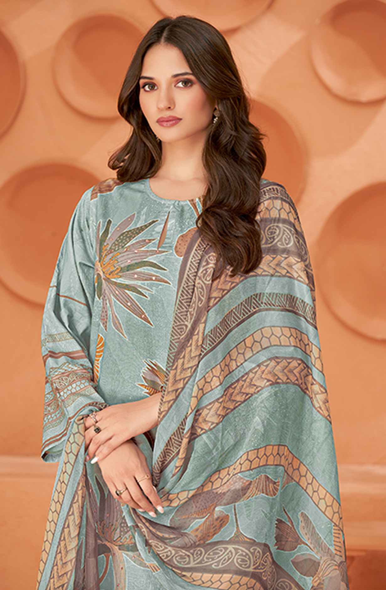 Pastel Green Cotton Digital Printed Unstitched Suit with Chiffon Dupatta - KHY1751