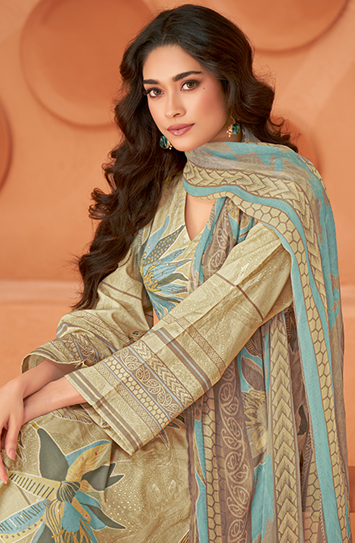 Beige Cotton Digital Printed Unstitched Suit with Chiffon Dupatta - KHY1765