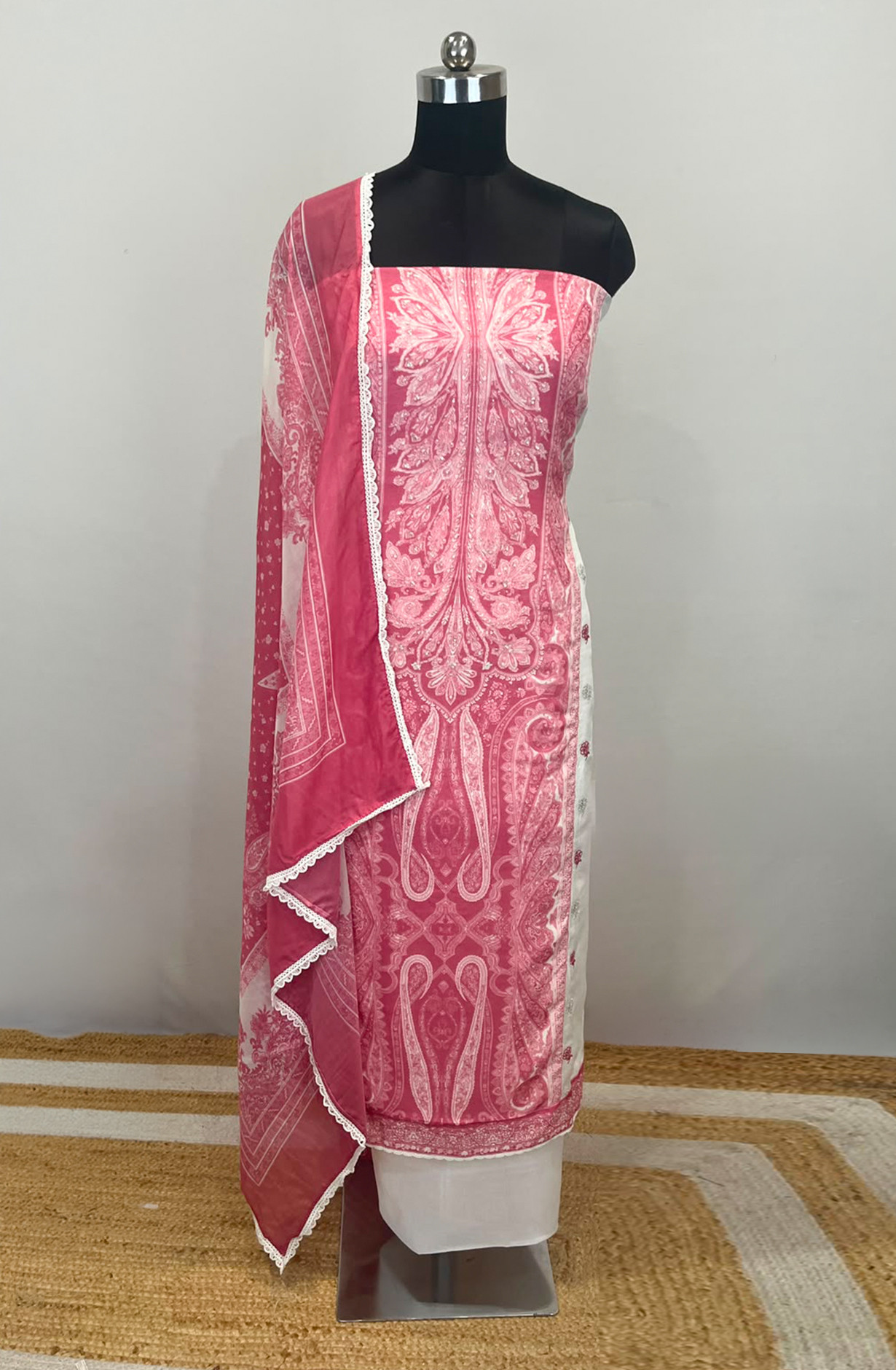 Pink Super Net Suit Set with Beautiful Lace Border Dupatta - 245-SUMCOT1503-6